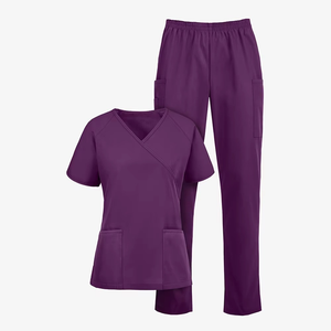 Women Purple <b>Scrub</b> Set V-Neck Top With Pockets And Matching Pants Hospital Uniforms Woven Polyester Material - Product Image 3