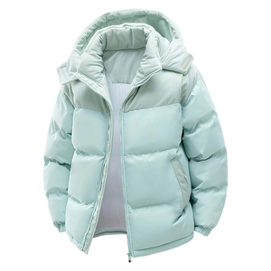 Trending Unisex <b>Light</b> Blue Hooded Stand Thick Puffer <b>Jacket</b> <b>Waterproof</b> Windproof Zipper Closure Casual Winter Solid Color - Product Image 3