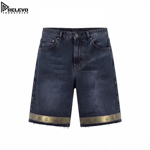 Shorts de mezclilla góticos de lavado oscuro con patrones solares celestiales grabados con láser, banda de dobladillo dorada metálica y borde sin rematar, estilo streetwear - Product Image 1