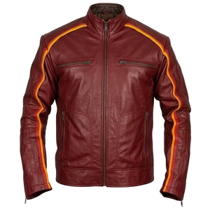 Chaqueta de Motociclista de Cuero PU Negra para Hombre con Cierre de Cremallera y Franja Roja Naranja, Cuello Alto, Corte Regular, Estilo Otoñal - Product Image 4