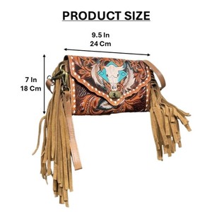 Bolso de mano floral de cuero genuino hecho a mano estilo western, bolso cruzado mini con flecos de cuero vacuno auténtico al por mayor para mujer - Product Image 2