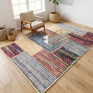 Tapis d'intérieur abstrait bohème rectangulaire bleu gris beige en jute durable pour salon, tapis décoratifs pour le sol - Product Image 3