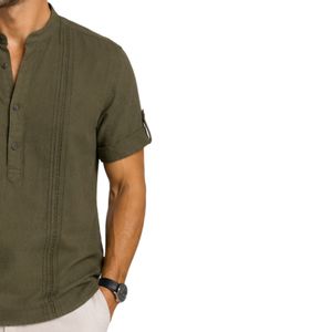 Camisa Casual de Lino y Algodón para Hombre, Color Verde Oliva, Cuello Mandarín, Manga Corta, Transpirable, Verano, Manga Enrollable, Logotipo Personalizado - Product Image 4