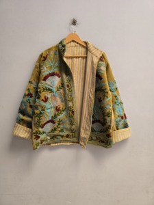 Antique <b>Mustard</b> Velvet Suzani Jacket for <b>Women</b> Hand Embroidered Wildflower Garden Bohemian Ethnic <b>Coat</b> Wholesale Fashion Export - Product Image 3