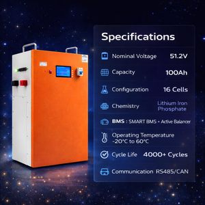 แบตเตอรี่ LiFePO4 51.2V พร้อมระบบจัดการแบตเตอรี่อัจฉริยะ (Smart BMS) ระบบปรับสมดุลแบตเตอรี่แบบแอคทีฟ รองรับการสื่อสาร RS485 และ CAN มาตรฐาน IP54 กำลังไฟ 30KW อายุการใช้งาน 50 ปี รับประกัน 5 ปี (100AH) - Product Image 2