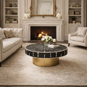 <b>Round</b> Modern Marble Coffee <b>Table</b> Black and <b>White</b> Inlay Metal Base Living Room Furniture Customizable - Product Image 3