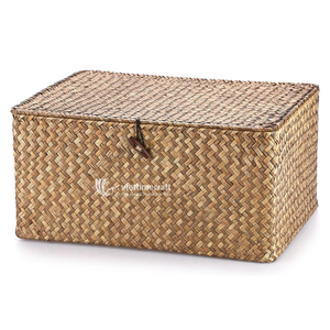 Coffre rectangulaire en osier tressé à la main en jonc de mer avec couvercle pour l'organisation de la maison - Product Image 2