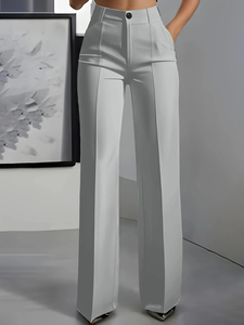 Pantalones de Verano para Mujer, de Cintura Alta, Pierna Ancha, Largos, de Color Sólido, Satinados, Cómodos, 100% Poliéster, Elegantes, Corte Recto, con Cierre - Product Image 4