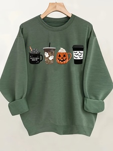 Sweat-shirt à col rond pour femme, pull décontracté à épaules tombantes, motif tasse de café Halloween, manches longues, collection automne - Product Image 1