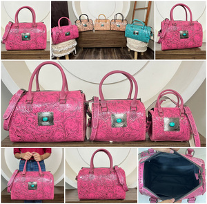 OEM ODM Personalized Handcrafted Genuine Cow <b>Leather</b> Large Speedy Bag With Turquoise Concho Floral Pattern Crossbody Duffle Bag - Product Image 3