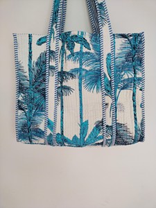 Sac fourre-tout en coton rayé bleu avec imprimé palmier, style bohème, sac de plage ouvert, sac à bandoulière pour femme, été - Product Image 4