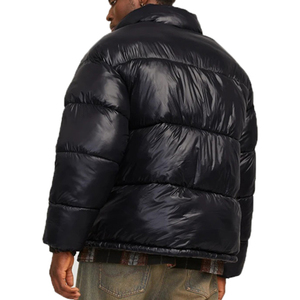 Chaqueta de Plumón Negra para Hombre, Cuello Alto, Cierre de Cremallera, Resistente al Viento, Informal, Invierno, Gruesa, Corte Regular, Color Sólido, Exterior de Nailon - Product Image 3