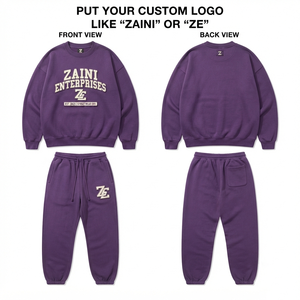 Mens Premium 240g Cotton Fleece Winter Sweat Suit Set Purple <b>Crewneck</b> Sweatshirt Jogger Pants Custom 3D Puff Embroidery Adults - Product Image 1