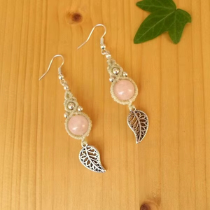 Handmade Rose Quartz Macrame Dangle Earrings Pink Gemstone Gold <b>Leaf</b> Boho Bohemian Handcrafted Artisan Jewelry - Product Image 1