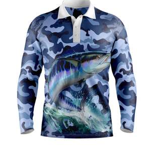 Polo de pêche pour homme en ripstop bleu clair avec protection solaire UPF 50+, imprimé personnalisé - Product Image 1