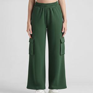 Pantalon cargo taille haute pour femme, coupe ample, longueur intégrale, taille élastique, couleur unie verte, en tissu éponge tricoté, prix abordable - Product Image 4