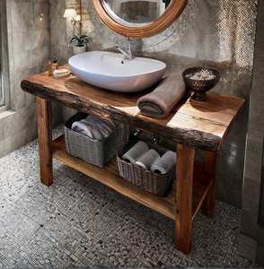 Mueble de baño de madera con borde natural y estante de almacenamiento abierto, mesa consola de lavabo de madera maciza para decoración de baño contemporáneo - Product Image 1