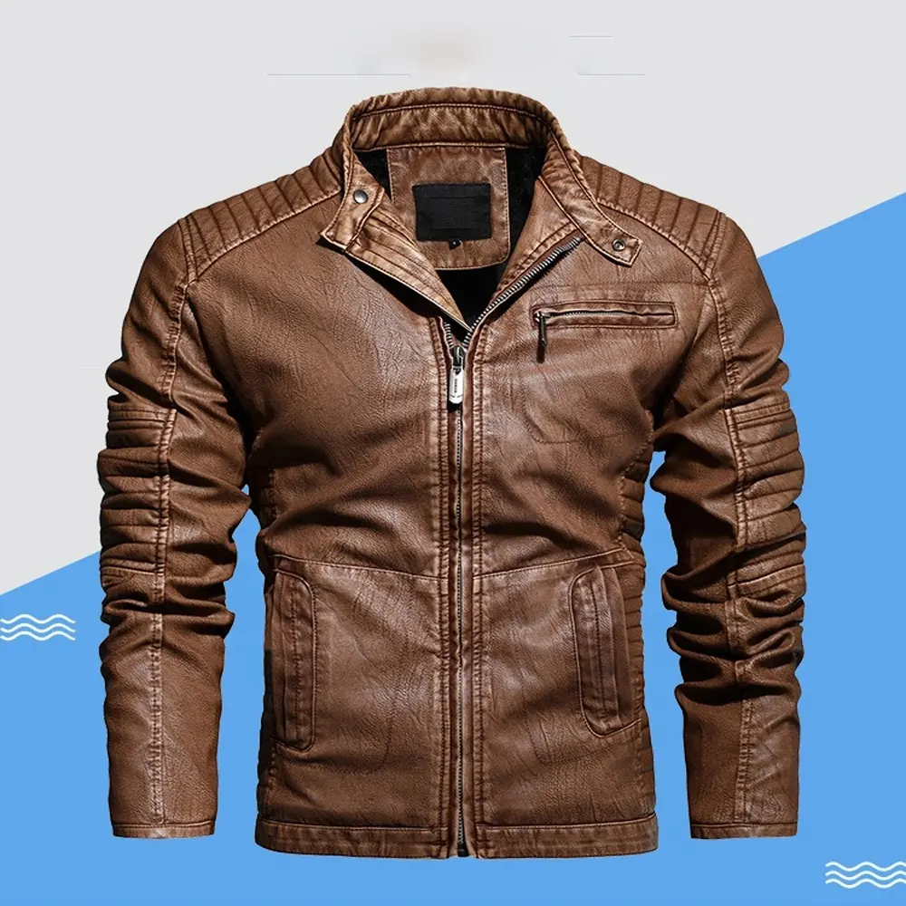 Pleated Moto Leather Jacket Men 2021 New Casual Fleece Coats Male Autumn Winter Outwear Fashion Pleated Warm Leather Jackets