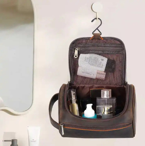 Bolsa de Cosméticos de Cuero, Tamaño Mediano, Estilo Vintage, Cierre de Cremallera, Asa Suave, Detalle de Remache, Diseño Duradero - Product Image 3