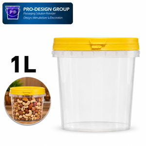 Seau en plastique de qualité alimentaire de 1 L avec poignée et couvercle plat pour l'emballage des noix, récipient de stockage de collations rond étanche - Product Image 1