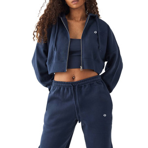 Wholesale Custom OEM Women's Blue Lightweight Breathable Streetwear 100% Cotton Tracksuit Oversized Crop Sets Hoodie for Women - Product Image 2