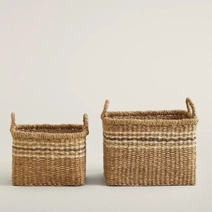 Ensemble de paniers de rangement rectangulaires en jonc de mer, faits à la main, de qualité supérieure, avec poignées, pour la maison, l'hôtel, le bureau, la salle de bain, la décoration d'étagères - Product Image 1
