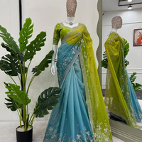 Tissu en soie Georgette léger et majestueux de haute qualité, brodé, avec fil et sequins, imprimé numériquement, pré-drapé, multicolore, pour femme