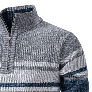 Pull en maille rayé pour homme, demi-zip, 12GG, 100% polyester, logo frontal, col standard, hiver, décontracté, business - Product Image 3