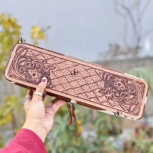 Hot Sale Heat Resistant Hair On Hide Travel <b>Case</b> Hand Tooled Leather Straightener <b>Cases</b> Perfect Organizer for Hair Tools - Product Image 1