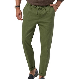 Pantalon décontracté en coton Oxford bleu clair pour homme, taille élastique avec cordon de serrage, devant plat, poches latérales, respirant, idéal pour l'été - Product Image 4