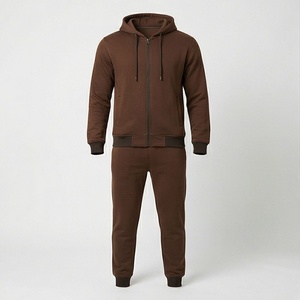 Ensemble de survêtement pour homme, marron, à capuche, fermeture éclair intégrale, couleur unie, vêtements de sport décontractés avec poches latérales, matière en coton respirant - Product Image 1