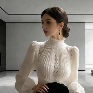 Vente flash sur Temu : chemisier blanc à col haut et volants pour femme, manches longues, élégant, pour le bureau, coupe ample, décontracté, à porter au quotidien, chemise tendance - Product Image 4