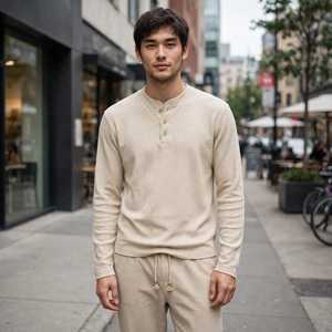<b>Men's</b> Beige <b>Henley</b> Stand Collar Long Sleeve <b>Shirt</b> And Drawstring Pants Casual Tracksuit Set - Product Image 5