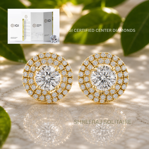 Boucles d'oreilles à double halo avec diamants ronds cultivés en laboratoire certifiés IGI de 1 carat chacun, or 14 carats, fabricant de bijoux OEM - Product Image 1