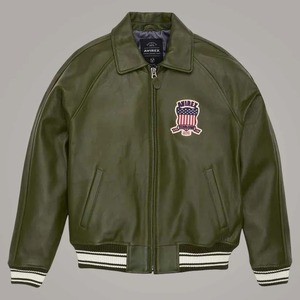 Avirex Green <b>Sheepskin</b> Leather Flight Bomber <b>Jacket</b> for Men - Product Image 1