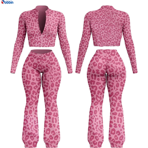 Conjunto Deportivo Personalizado con Logotipo para Mujer, Estampado de Leopardo, Chaqueta con Cierre Completo, Pantalones Acampanados, Dos Piezas, Ropa Casual de Otoño, Spandex y Poliéster - Product Image 2