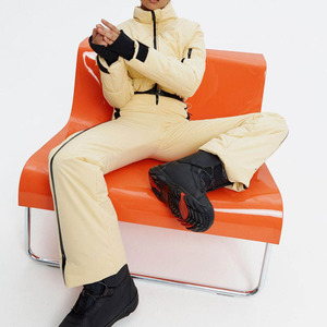 Custom <b>Women</b> Cream Beige One Piece Ski Suit Puffed Chest Quilted Black Belt Waist <b>Snowsuit</b> <b>Women</b> Slim Fit Jumpsuit Waterproof - Product Image 4