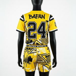 Conjunto de Camiseta y Pantalones Cortos de Fútbol para Mujer, 160 GSM, Malla de Poliéster que Absorbe la Humedad, Amarillo y Negro, Panel Gráfico, Logotipo del Equipo Personalizado - Product Image 5