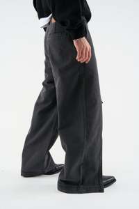 Pantalon en jean noir pour homme, taille haute, coupe large, avec fermetures éclair latérales, 100% coton, coupe ample, style décontracté, jeans en mélange de coton pour l'automne - Product Image 3