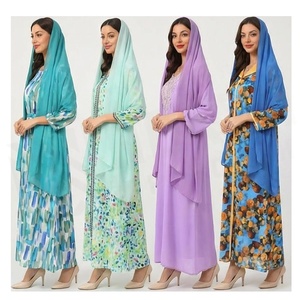 Women's 100% Silk <b>Chiffon</b> Abaya Long Floral Print Elegant Muslim Dress with <b>Scarf</b> Multi-Functional All Seasons Daily Wear - Product Image 4