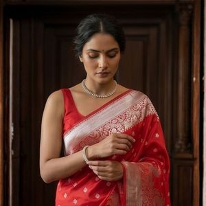 Regal <b>Red</b> Chanderi Silk <b>Saree</b> with Long Peacock Motifs - Product Image 2