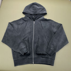 Sweat-shirt à capuche zippé pour homme, coupe classique, couleur unie, en molleton de coton, style streetwear décontracté, avec poches, effet délavé, hiver, éco-responsable - Product Image 6