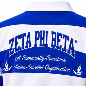 Camiseta de Rugby Zeta Phi Beta para Mujer, Azul Rey con Rayas Blancas Anchas, Manga Larga, Cuello Polo, Letras Griegas Bordadas, Escudo de la Hermandad - Product Image 6