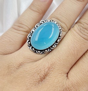 Natural Sky Blue Chalcedony Oval <b>Ring</b> Silver Plated Vintage Statement Gemstone <b>Ring</b> Handmade <b>Adjustable</b> <b>Ring</b> for Women - Product Image 1