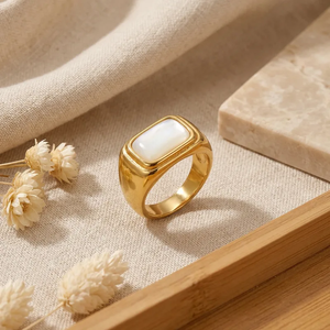 Geometric Electroplated <b>Ring</b> 304 Stainless Steel with Natural Shell Inlay 18K Gold PVD Plated Women Fashion Jewelry - Product Image 3