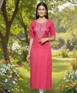 Kurti en coton slub fantaisie avec broderie et travail de sequins 3 mm, vêtement ethnique rose à motifs dessinés à la main, séchage rapide, pour tenue de fête, prix de gros - Product Image 1