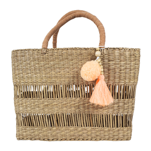 Sac fourre-tout rectangulaire en jonc de mer tressé à la main avec motif rayé en maille ouverte, sac de rangement et de plage naturel fait à la main - Product Image 1