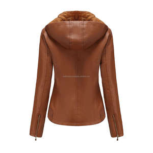Elegantes chaquetas de cuero marrón con capucha para mujer con bolsillos con cremallera y forro Sherpa acogedor para comodidad y estilo de invierno - Product Image 2