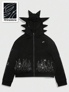 Sudadera con capucha negra para hombre, con cremallera, diseño de llamas con pedrería, capucha con púas, de algodón polar, estilo oversize, fabricación de ropa urbana - Product Image 2