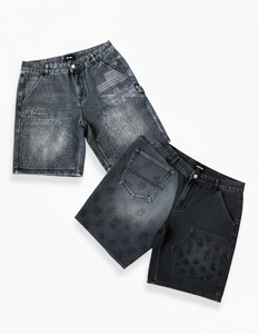 Shorts en jean streetwear personnalisés pour hommes, coupe ample, en denim épais, avec lavage vintage et design multi-graphe - Product Image 5